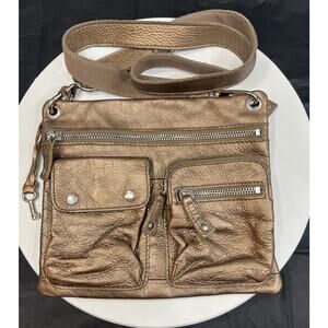 Fossil Pebble Grain Leather Crossbody Handbag Purse Bronze Metallic Pockets
